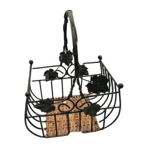 Vintage Black Metal Basket Wicker Botton Grape Leaves 9.5x6x12"